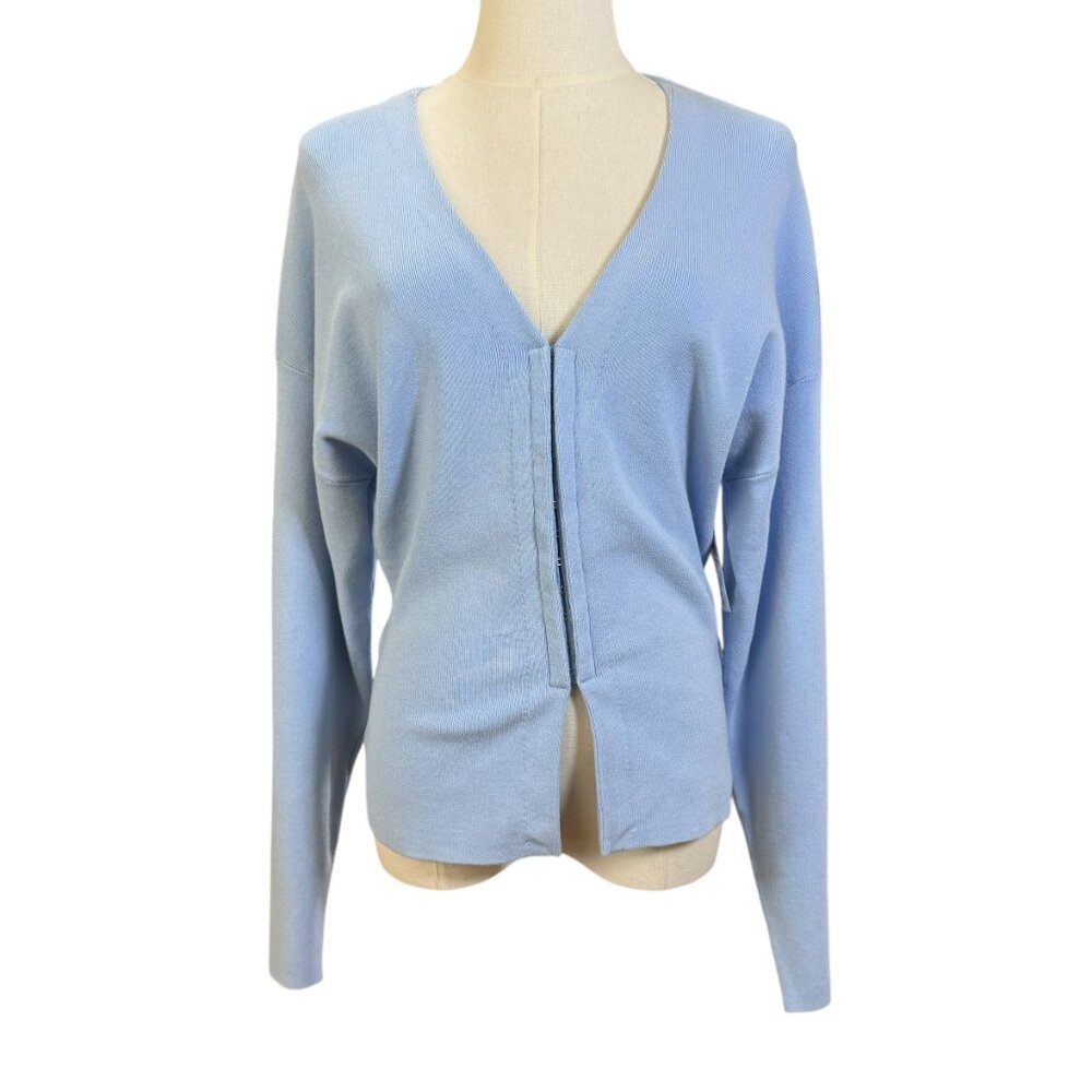 NWT ASTR The Label Sky Blue V-Neck Sweater Medium Modern Rib Knit Long Sleeve